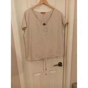 Women's Ginger Mary Beige Flowy Linen Blend Short Sleeve Beach Vacation Shirt XL